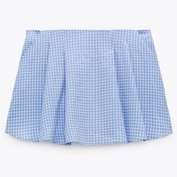 Zara Textured Gingham Split Skirt Blue White  Size Medium - Picture 2 of 9